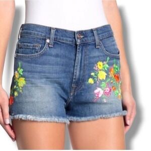 NEW 7 FOR ALL MANKIND Floral Embroidered Cut Off Denim Shorts Size 32 Festival
